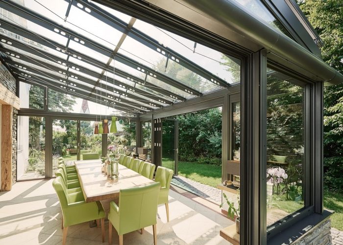 Mit dem SDL Akzent Vision Wintergarten von Nolden, hergestellt von Solarlux, genießen Sie eine elegante Architektur durch die gelochten T-Sparren und die innovative Seilverspannung. Die kaskadenförmige Entwässerung und der schnelle Wandanschluss ergänzen das System und garantieren eine einfache Installation und langfristige Funktionalität.